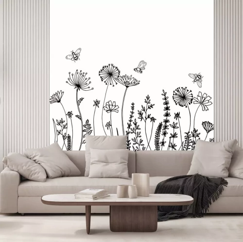 Sticker Black silhouettes of grass, spikes and herbs isolated on white background. Hand drawn sketch flowers and bees.