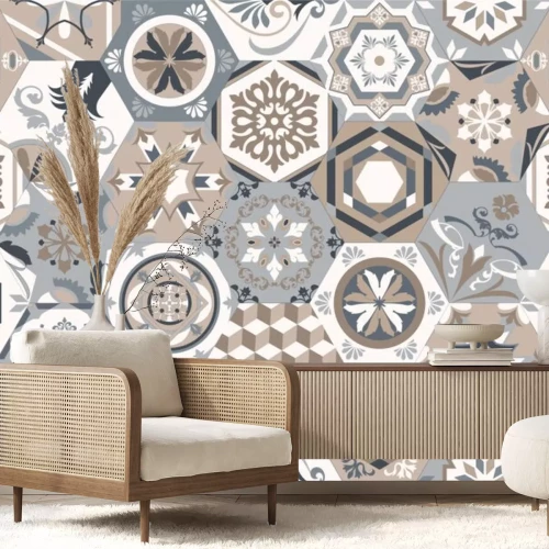 Sticker Vector seamless texture. Beautiful mega patchwork pattern for design and fashion with decorative elements in hexagon. Portuguese tiles, Azulejo, Moroccan ornaments