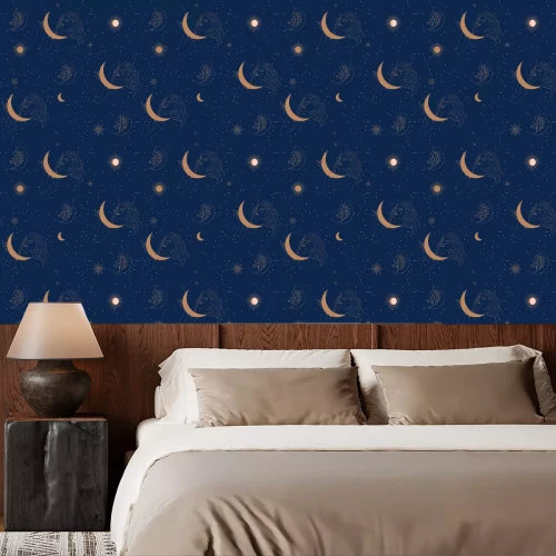 Tapete Seamless pattern with woman, moon and stars in one line style. Astrology background. Editable vector illustration