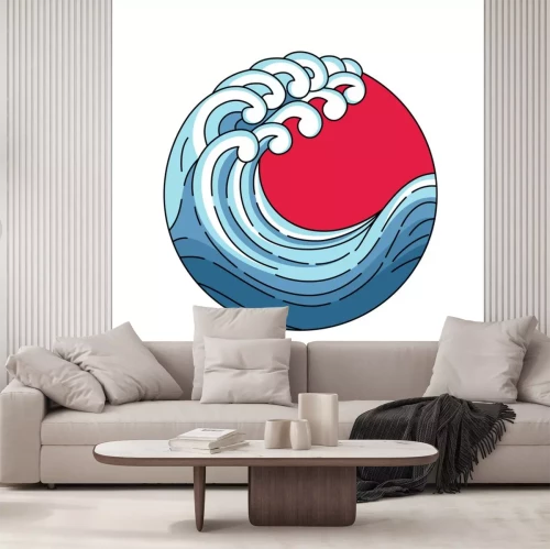 Sticker Japan wave in red sun logo. Japanese oriental style vector art illustration. Vector Japan wave in red circle of the sun. Linear style outline logo. Asian ocean blue wave.