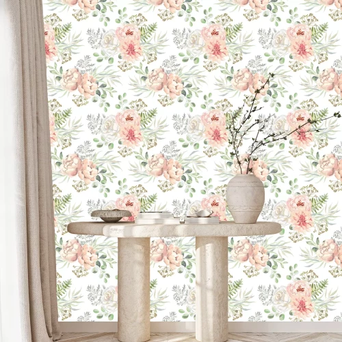 Tapete Pastell-Pfingstrosen und Rosen Aquarellzeichnung