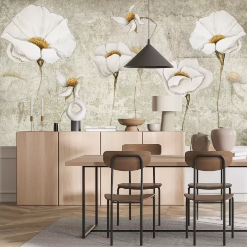 Fototapete 3D weiße Tulpen auf Betonhintergrund