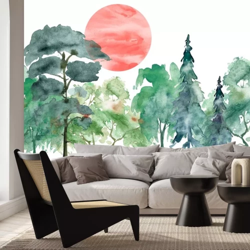 Sticker Rote Sonne über dem Wald