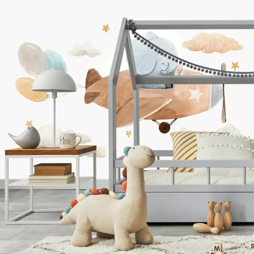 Fototapete Cute watercolor artwork with baby elephant on the plane with air baloons, clouds and stars. Stock illustration.