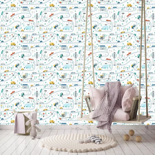 Tapete Cute children's seamless pattern with cars, road, Park, houses on a white background. Illustration of a town in a cartoon style for Wallpaper, fabric, and textile design. Vector