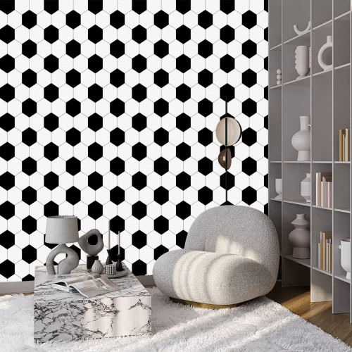 Tapete Soccer ball, black and white. Vector seamless pattern. Sport template. Texture of a football