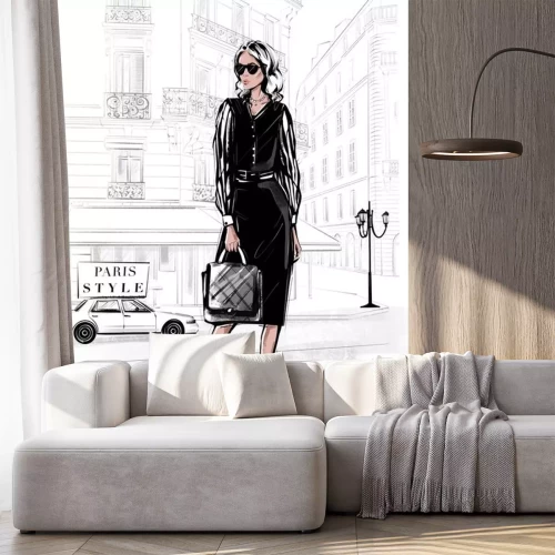 Sticker Hand drawn beautiful young woman in black dress. Fashion woman with bag. Girl in black shoes with Paris street background. Sketch. Fashion illustration.