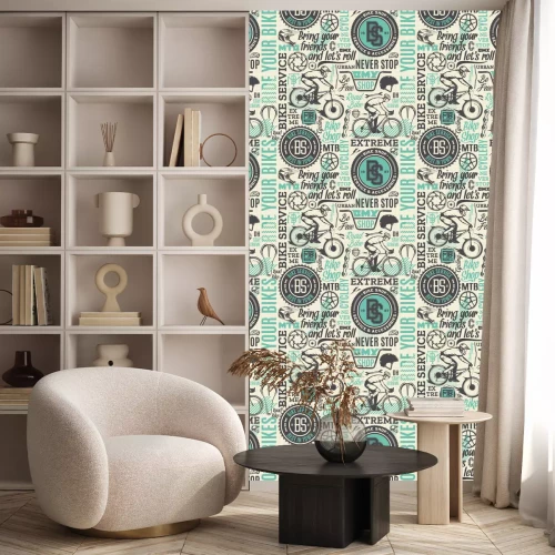 Tapete Vector typographic bicycle seamless pattern or background in black, teal and beige colors. Bike shop, service, mountain and road biking icons and design pieces