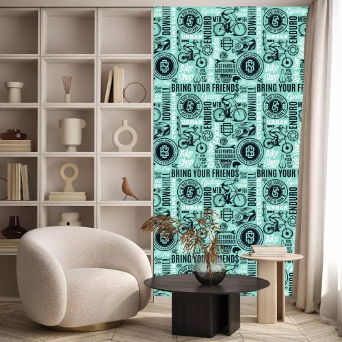 Tapete Vector bicycle seamless pattern or background in black, teal and white colors. Bike shop, club and service badges, mountain and road biking icons and design elements