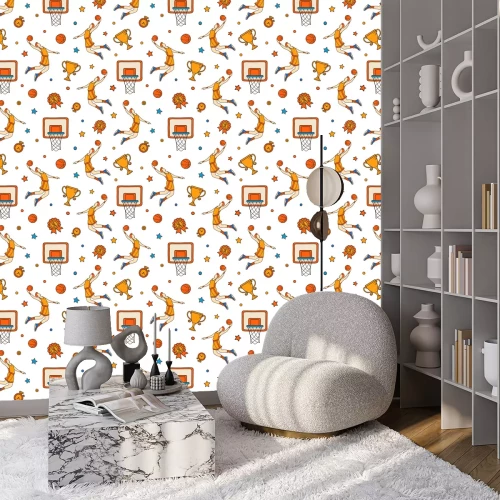 Tapete Colored seamless pattern of hand drawn basketball objects and symbols. Basketball doodle concept.