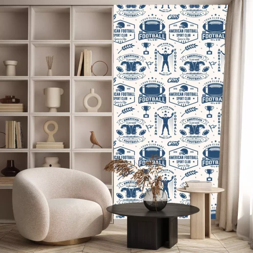 Tapete American football seamless pattern, background. Vector. Seamless sport pattern with sportsman player, helmet, ball and shoulder pads silhouette. American football sport club texture.