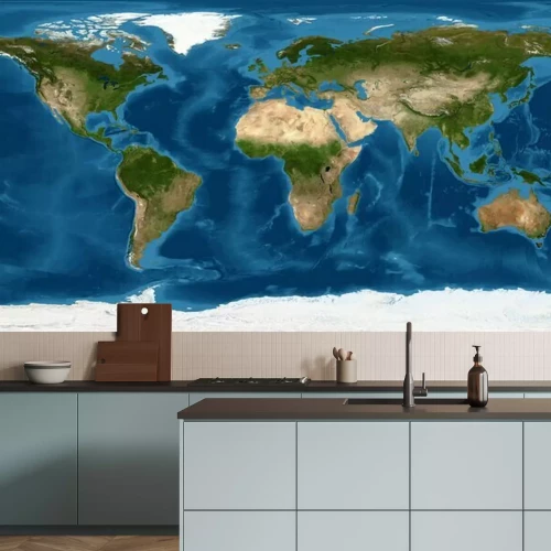 Fototapete Physische Weltkarte vor einem Satellitenbild