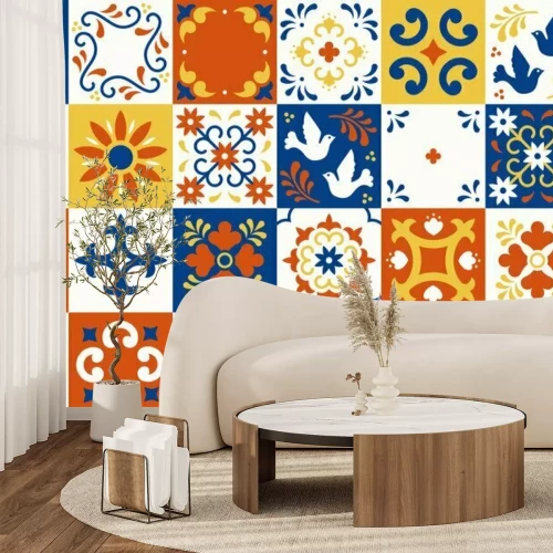 Sticker Mexican talavera pattern. Ceramic tiles with flower, leaves and bird ornaments in traditional majolica style from Puebla. Mexico floral mosaic in classic blue and white. Folk art design.