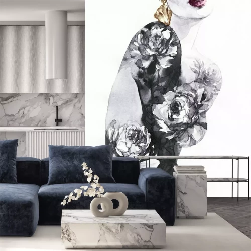 Fototapete Woman with flowers. beauty background. fashion illustration. watercolor painting