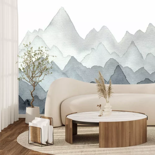 Fototapete Abstract gray hand drawn watercolor landscape with dark and light mist mountains. Minimalistic nature illustration with stones and forest for travel background decoration, wallpaper