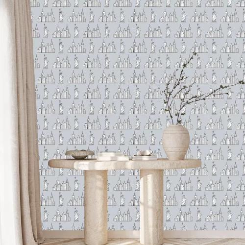 Tapete New york pattern with the USA symbols. The Statue of liberty and city buildings line drawing. Seamless background. Urban sketch. Vector