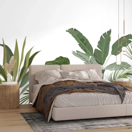 Sticker Seamless Tropical Floral Print with Exotic Green Jungle Leaves on White Background. Rainforest Plants Wallpaper Template, Nature Textile Ornament, Philodendron Monstera Flowers Vector Illustration