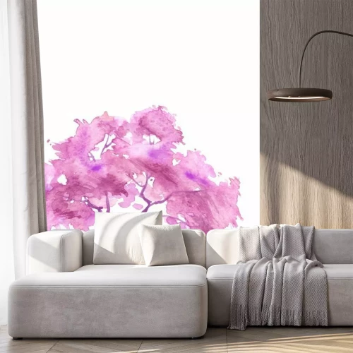 Sticker Watercolor abstract round spot, blot on white isolated background. purple, pink trees on the planet Earth. purple, pink colors. Ecological abstract art illustration. Blooming pink tree. Sakura, oak, 