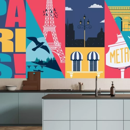 Sticker France vector skyline illustration, postcard. Travel to French capital Paris modern flat graphic design