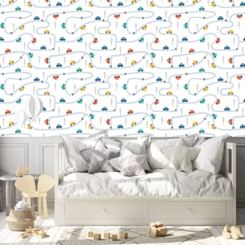 Tapete Cute children's seamless pattern with mini cars on a white background. Illustration of a town in a cartoon style for Wallpaper, fabric, and textile design. Vector
