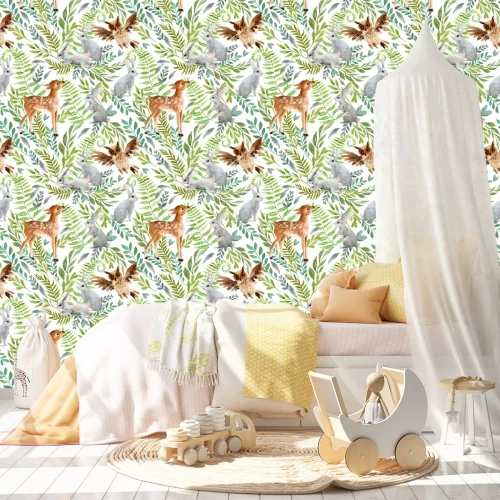 Tapete Niedliche Tiere vor dem Hintergrund der Blätter