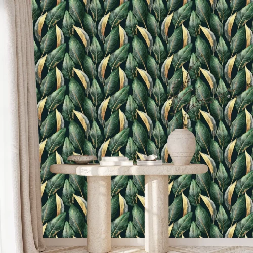 Tapete Blätter exotischer Pflanzen auf dunklem Hintergrund