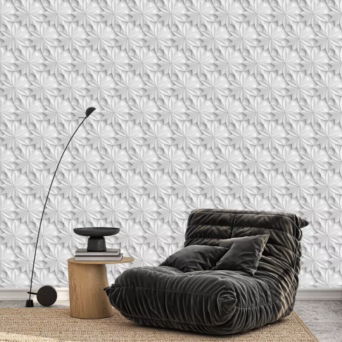 Tapete 3D Wallpaper in the form of geometric panels of white material. Flower of life. Realistic seamless texture of high quality.