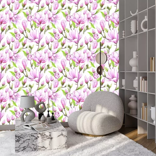 Tapete Seamless floral wallpaper with japanese magnolia flowers, watercolor pattern for  spring woman dress.
