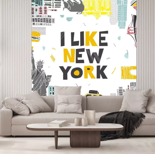 Sticker Decorative banner with symbols and attractions and the words I love New York. Postcard for tourists, travel guides, invitations. Poster for wall decoration in the room, classroom. Vector illustration.