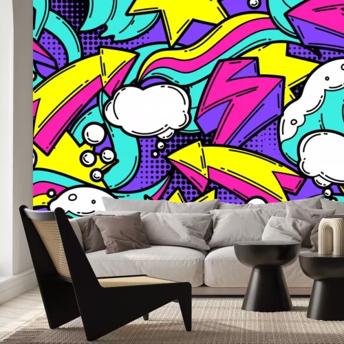 Sticker Seamless pattern with cartoon decorative elements. Urban colorful teenage creative background.