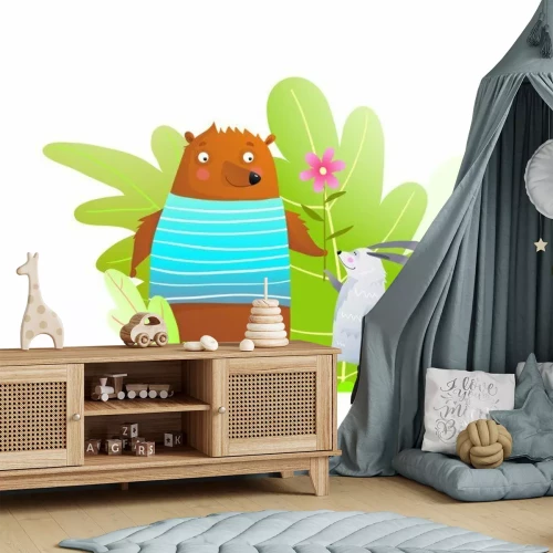 Sticker Bear and rabbit animals friendship in forest cute kids cartoon.