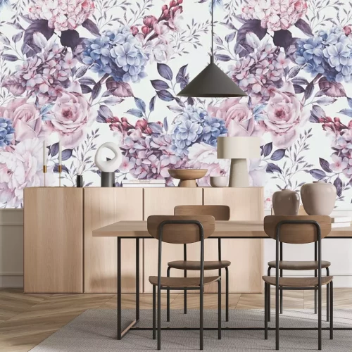 Fototapete Seamless floral pattern with flowers on light background, watercolor. Template design for textiles, interior, clothes, wallpaper. Botanical art