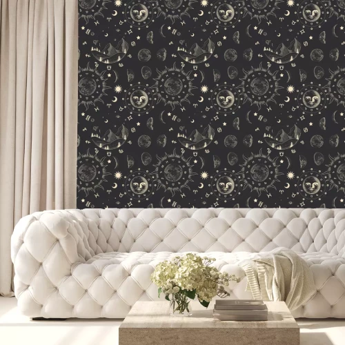 Tapete Vector illustration set of moon phases. Different stages of moonlight activity in vintage engraving style. Zodiac Signs