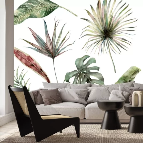 Sticker Watercolor tropical set with banana, coconut and monstera leaves. Hand painted exotic palm branches isolated on white background. Floral illustration for design, print, fabric or background.