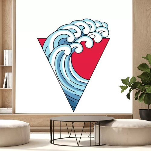 Sticker Japan wave in triangle red sun logo. Japane oriental style vector art illustration. Vector Japan wave in red triangle. Linear style outline logo. Asian, chinese ocean blue wave trigon logo.
