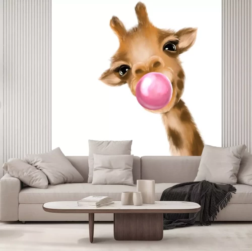 Sticker Funny giraffe blowing bubble. Hand drawn giraffe illustration