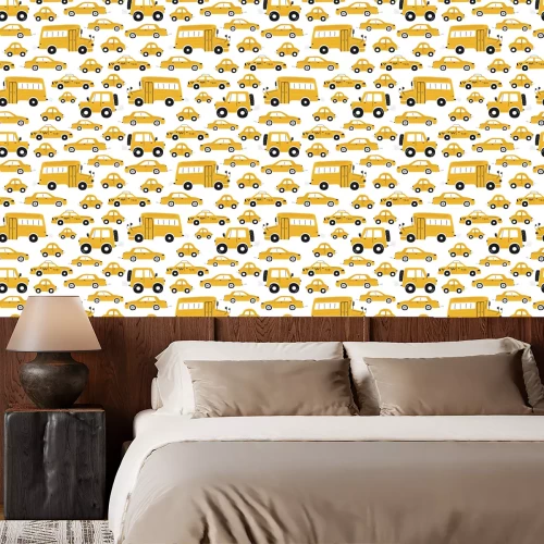 Tapete Cute children's seamless pattern with yellow cars and bus on a white background. Illustration of a town in a cartoon style for Wallpaper, fabric, and textile design. Vector