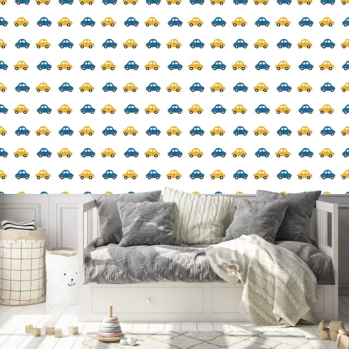 Tapete Cute children's seamless pattern with blue and yellow small cars on a light background. Illustration of a automobils in a cartoon style for Wallpaper, fabric, and textile design. Vector