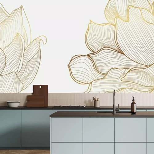 Sticker Luxury wallpaper design with Golden lotus and natural background. Lotus line arts design for fabric, prints and background texture, Vector illustration.