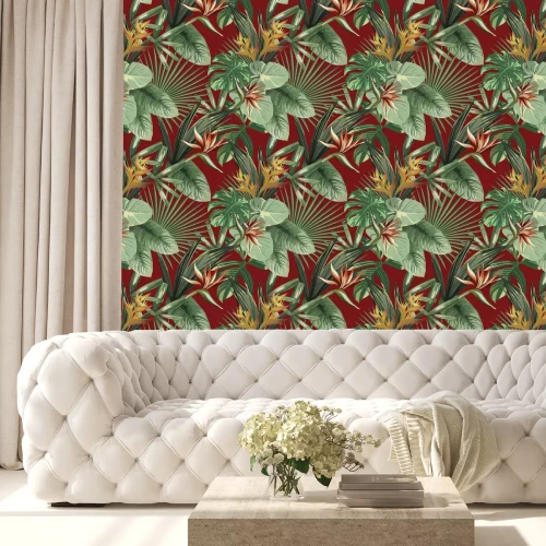 Tapete Exotic flowers tropical green leaves seamless red background