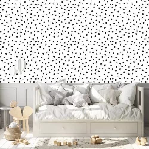 Tapete Polka dot hand drawn seamless background. Polkadot snowflakr black irregular point motif