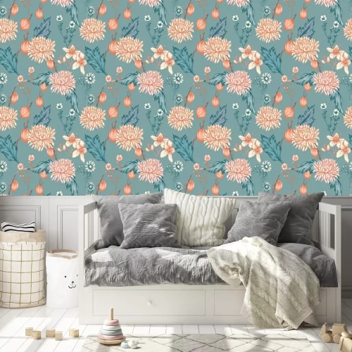 Tapete Orange-grüne orientalische Blumen