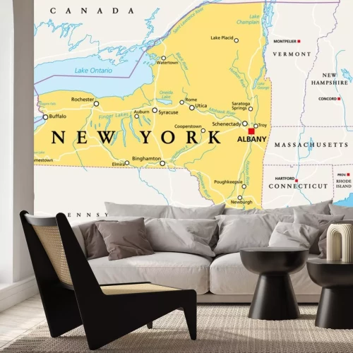 Sticker New York State (NYS), political map, with capital Albany, borders, important cities, rivers and lakes. State in the Northeastern United States of America. English labeling. Illustration. Vector.