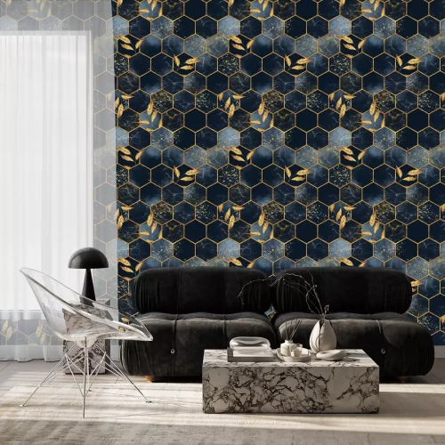 Tapete Marble hexagon seamless texture with golden leaves. Abstract background