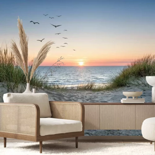 Fototapete Sandige Dünen am Meer und Sonnenuntergang