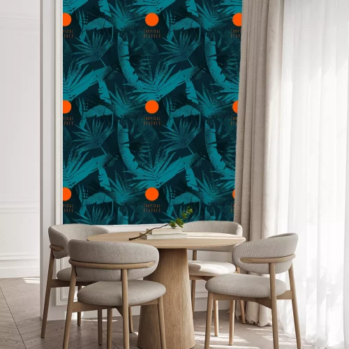 Tapete Tropical leaves pattern. Seamless texture with banana leaves and palm tree leaf. Banner for the travel and tourism industry, summer season. Dark blue floral design element.