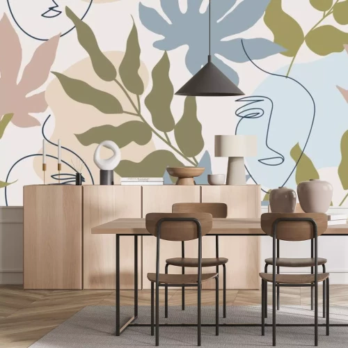 Sticker Abstrakte Gesichter Line Art inmitten von tropischen Blättern