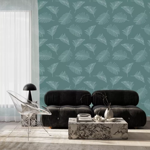 Tapete Breite Palmenblätter mit weißer Linie gezeichnet