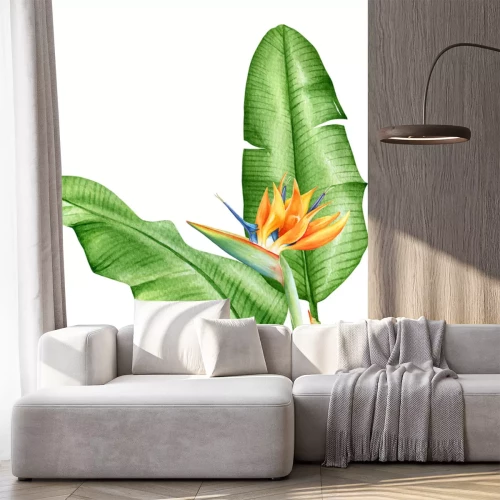 Sticker Aquarell Strelitzia in Blüte und grünen Blättern