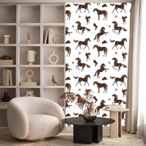 Tapete Braune Pferde und ihre Sachen auf weißem Hintergrund